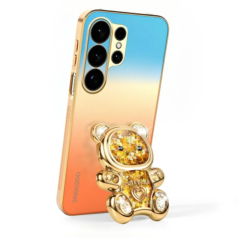 SINGIUZOO For Samsung Galaxy S26 Ultra Case Glitter Bear Kickstand Electroplated Gradient Color PC + TPU Phone Cover - Orange
