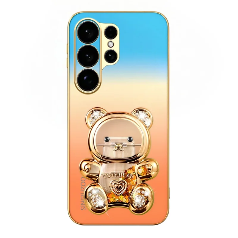 SINGIUZOO For Samsung Galaxy S26 Ultra Case Glitter Bear Kickstand Electroplated Gradient Color PC + TPU Phone Cover - Orange