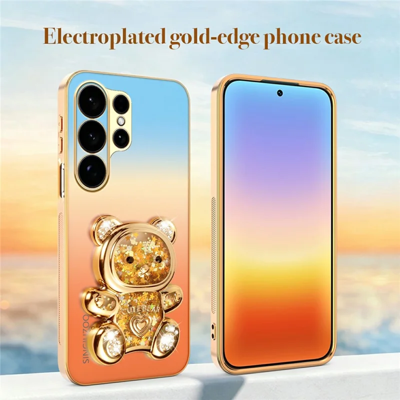 SINGIUZOO For Samsung Galaxy S26 Ultra Case Glitter Bear Kickstand Electroplated Gradient Color PC + TPU Phone Cover - Orange