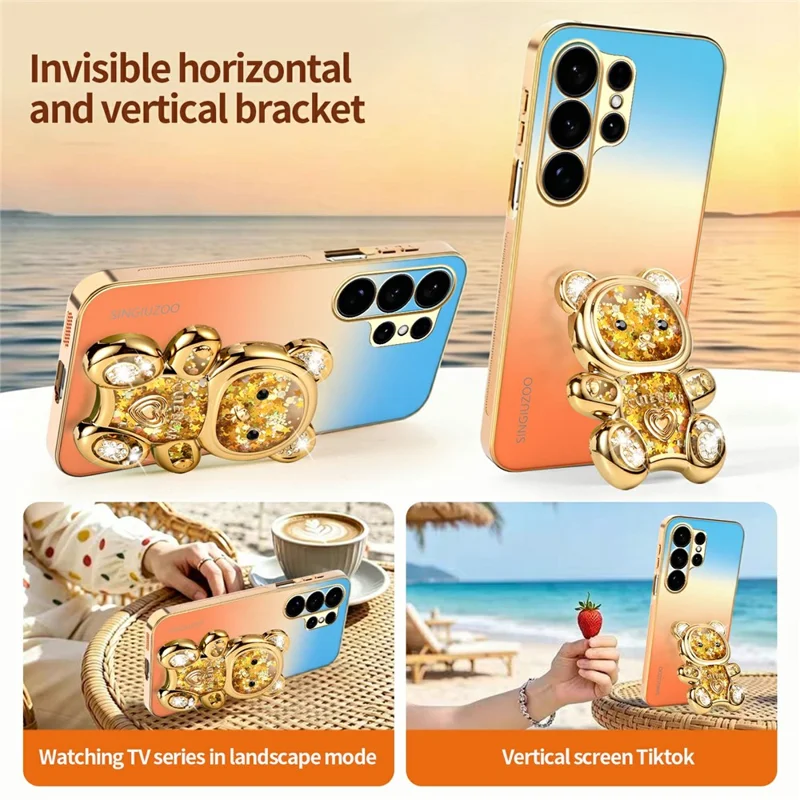 SINGIUZOO For Samsung Galaxy S26 Ultra Case Glitter Bear Kickstand Electroplated Gradient Color PC + TPU Phone Cover - Orange