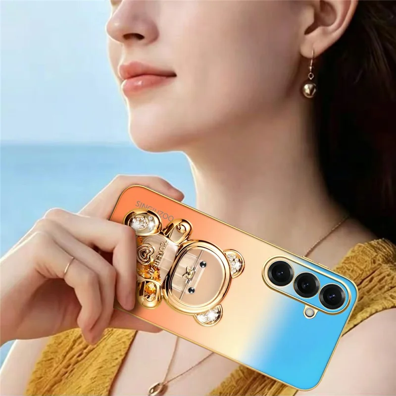 SINGIUZOO For Samsung Galaxy S26+ Case Glitter Bear Kickstand Electroplated Gradient Color PC + TPU Phone Cover - Orange