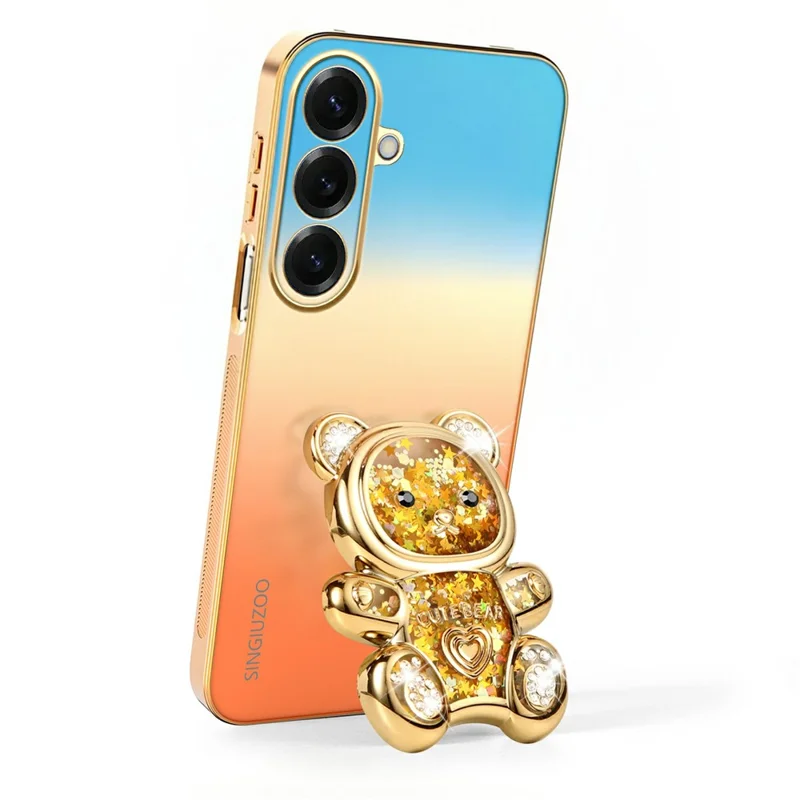 SINGIUZOO For Samsung Galaxy S26+ Case Glitter Bear Kickstand Electroplated Gradient Color PC + TPU Phone Cover - Orange
