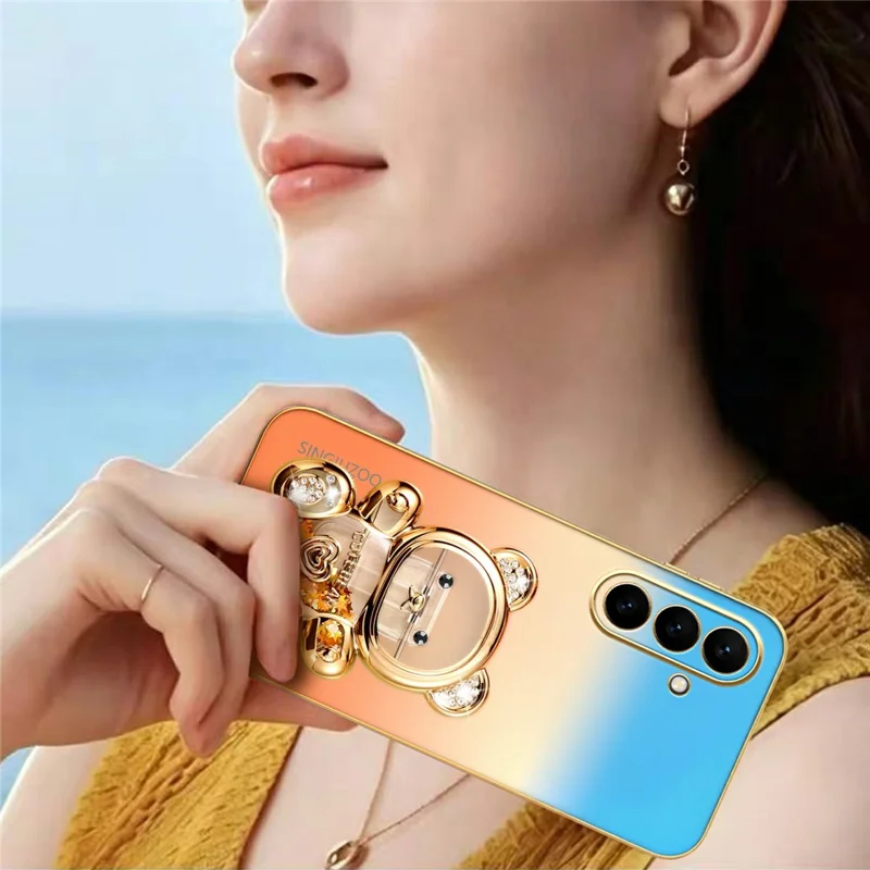 SINGIUZOO For Samsung Galaxy S26 FE Case Glitter Bear Kickstand Electroplated Gradient Color PC + TPU Phone Cover - Orange