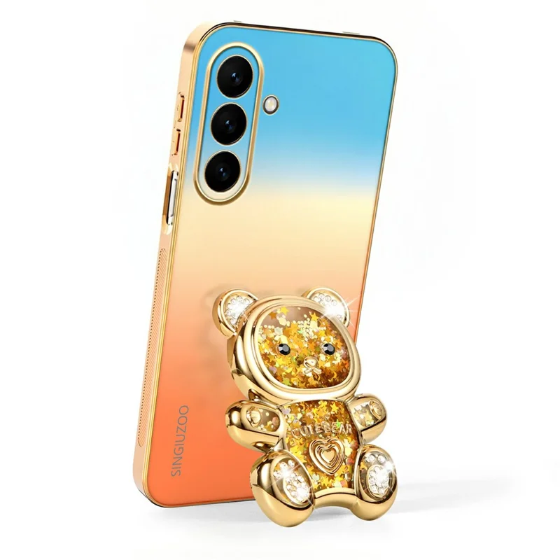 SINGIUZOO For Samsung Galaxy S26 FE Case Glitter Bear Kickstand Electroplated Gradient Color PC + TPU Phone Cover - Orange