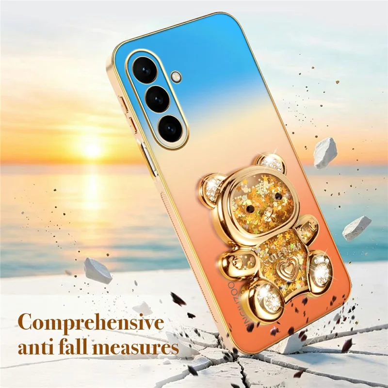 SINGIUZOO For Samsung Galaxy S26 FE Case Glitter Bear Kickstand Electroplated Gradient Color PC + TPU Phone Cover - Orange