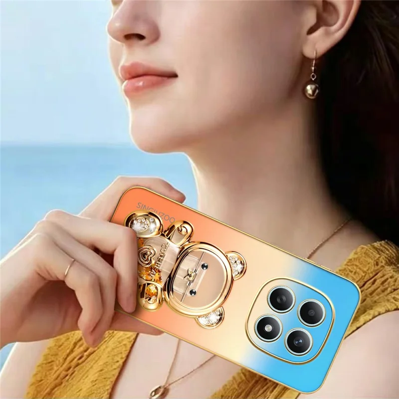 SINGIUZOO For Xiaomi Redmi Note 15 4G (Global) Case Glitter Bear Kickstand Electroplated Gradient Color PC + TPU Phone Cover - Orange