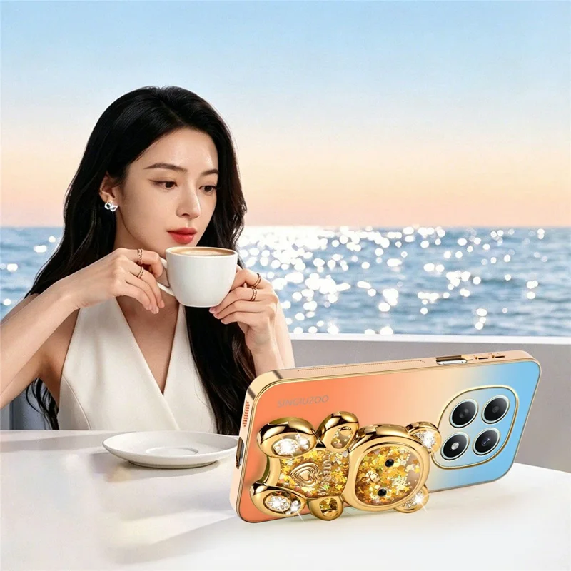 SINGIUZOO For Xiaomi Redmi Note 15 4G (Global) Case Glitter Bear Kickstand Electroplated Gradient Color PC + TPU Phone Cover - Orange