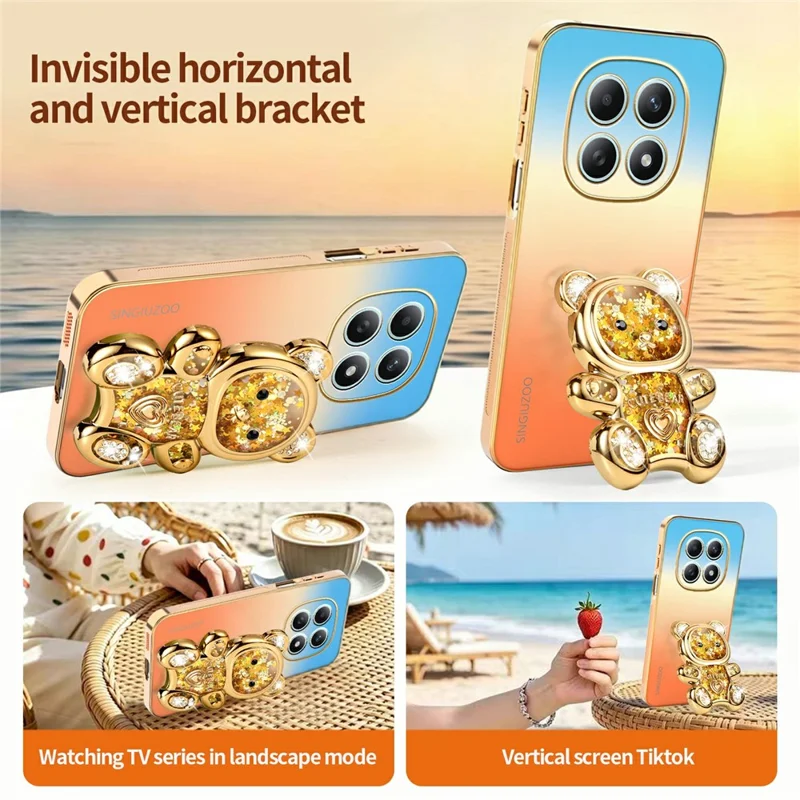 SINGIUZOO For Xiaomi Redmi Note 15 4G (Global) Case Glitter Bear Kickstand Electroplated Gradient Color PC + TPU Phone Cover - Orange