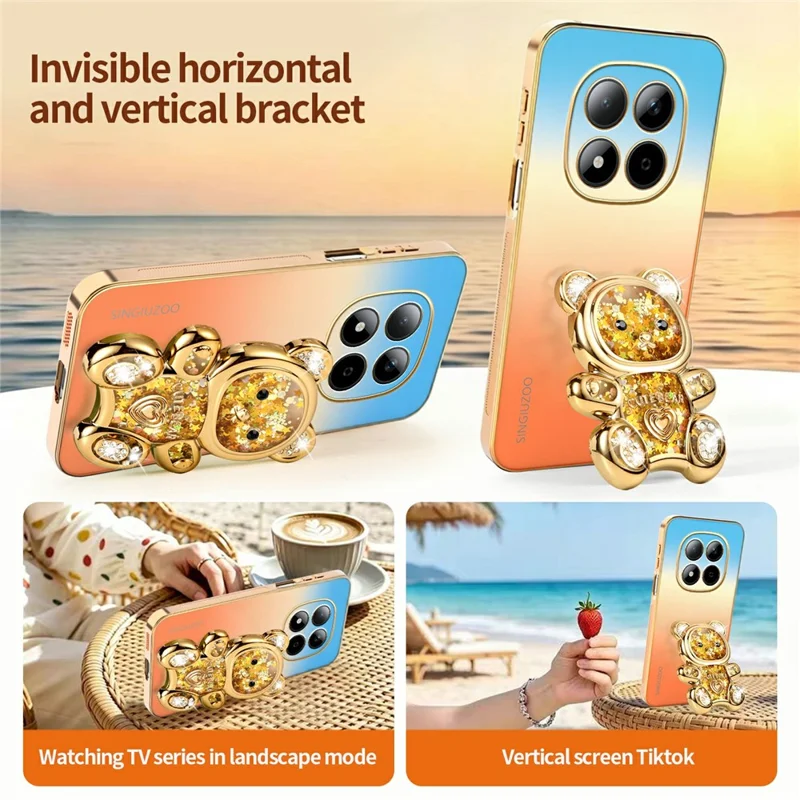 SINGIUZOO for Xiaomi Redmi Note 15 Pro 4G (Global) Case Glitter Bear Kickstand Electroplated Gradient Color PC + TPU Phone Cover - Orange