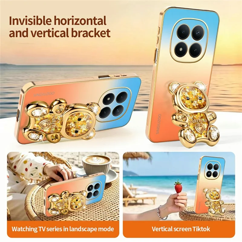 SINGIUZOO for Xiaomi Redmi Note 15 Pro 5G (Global) Case Glitter Bear Kickstand Electroplated Gradient Color PC + TPU Phone Cover - Orange