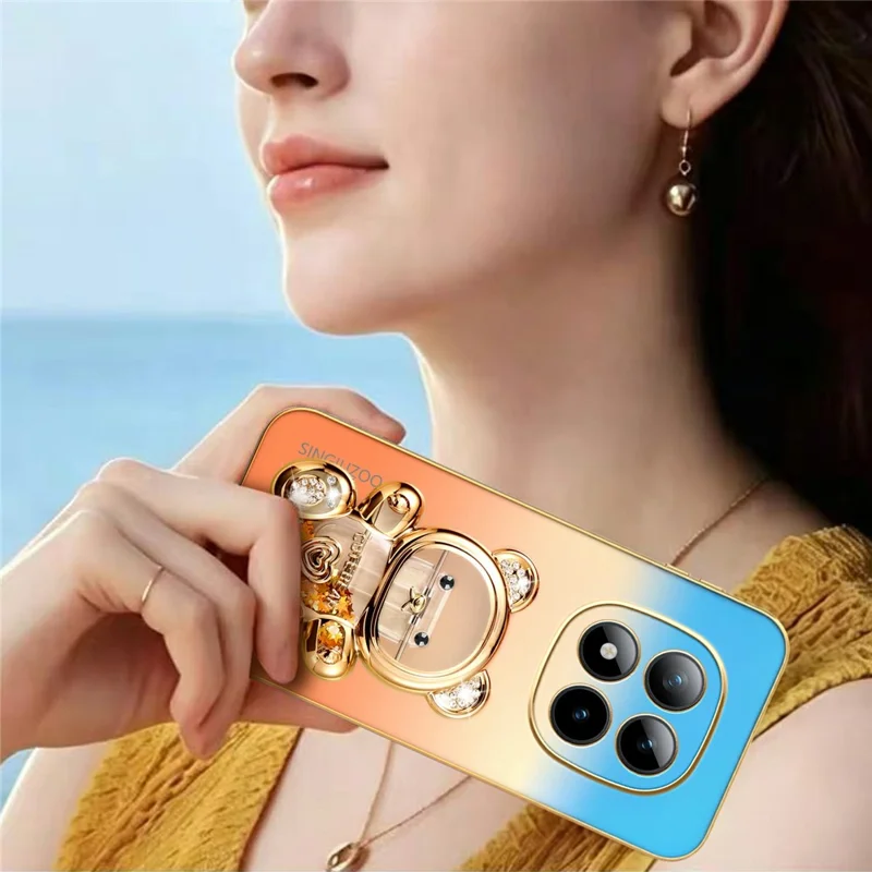 SINGIUZOO for Xiaomi Redmi Note 15 Pro+ 5G (Global) / Poco M8 Pro 5G Case Glitter Bear Kickstand Electroplated Gradient Color PC + TPU Phone Cover - Orange
