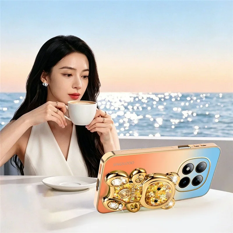 SINGIUZOO for Xiaomi Redmi Note 15 Pro+ 5G (Global) / Poco M8 Pro 5G Case Glitter Bear Kickstand Electroplated Gradient Color PC + TPU Phone Cover - Orange