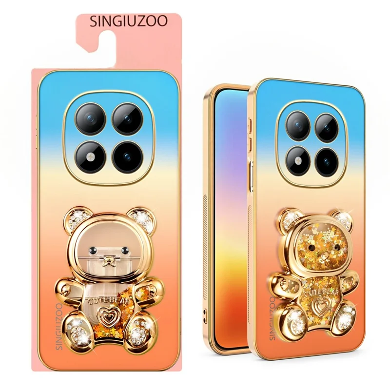 SINGIUZOO for Xiaomi Redmi Note 15 Pro+ 5G (Global) / Poco M8 Pro 5G Case Glitter Bear Kickstand Electroplated Gradient Color PC + TPU Phone Cover - Orange