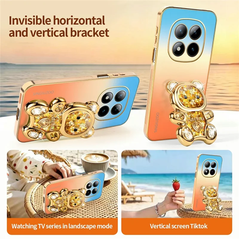 SINGIUZOO for Xiaomi Redmi Note 15 Pro+ 5G (Global) / Poco M8 Pro 5G Case Glitter Bear Kickstand Electroplated Gradient Color PC + TPU Phone Cover - Orange
