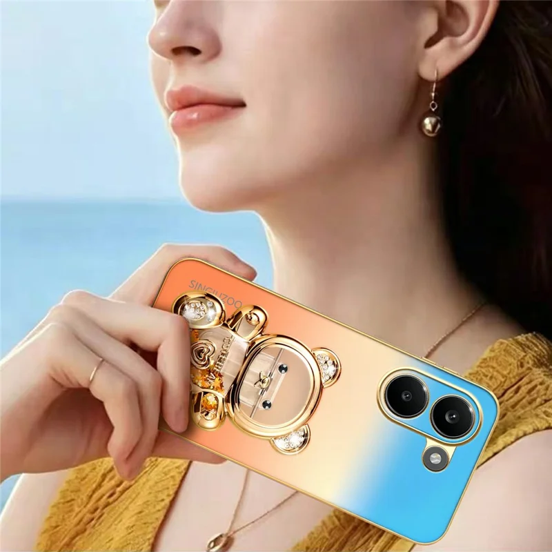 SINGIUZOO for Xiaomi Redmi Turbo 5 5G Case Glitter Bear Kickstand Electroplated Gradient Color PC + TPU Phone Cover - Orange