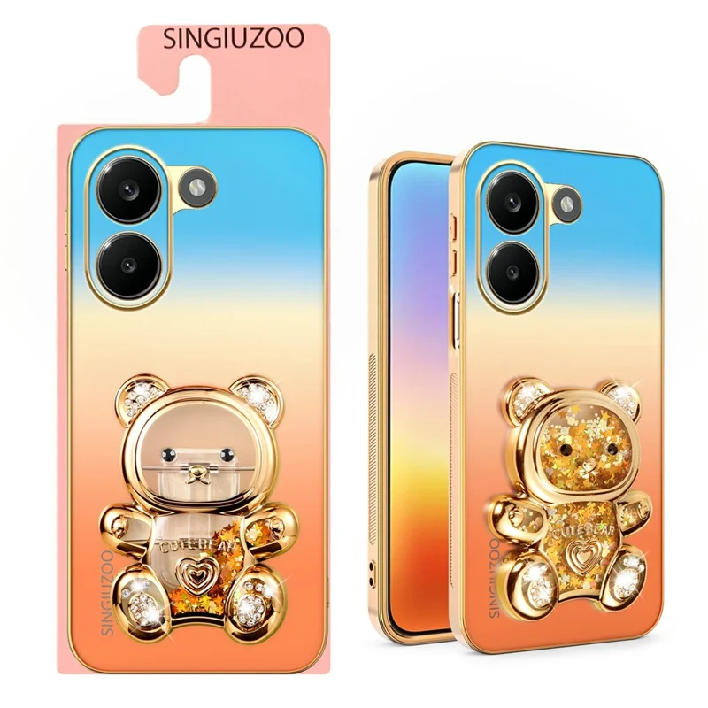SINGIUZOO for Xiaomi Redmi Turbo 5 5G Case Glitter Bear Kickstand Electroplated Gradient Color PC + TPU Phone Cover - Orange