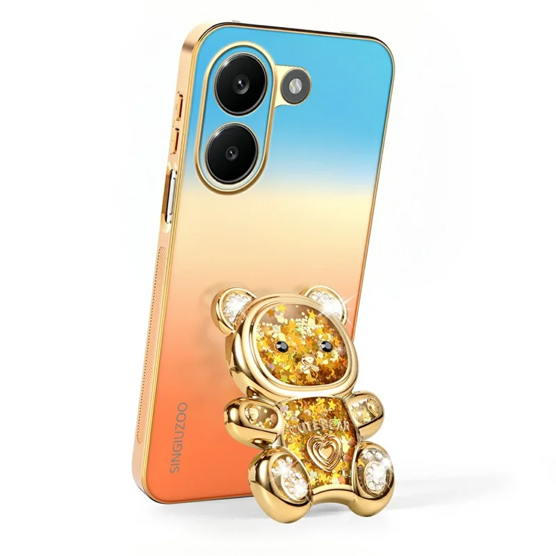 SINGIUZOO for Xiaomi Redmi Turbo 5 5G Case Glitter Bear Kickstand Electroplated Gradient Color PC + TPU Phone Cover - Orange