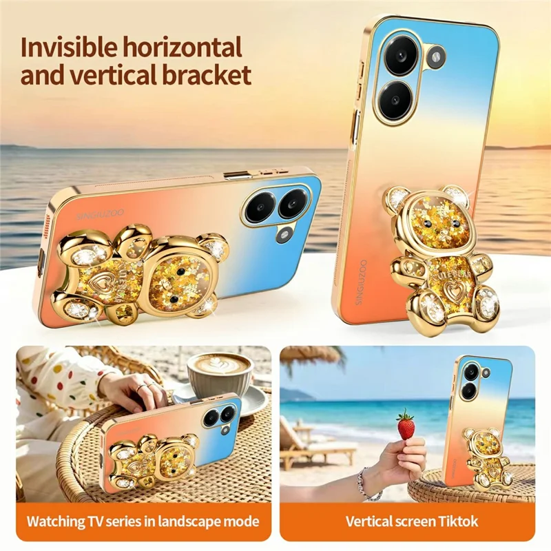 SINGIUZOO for Xiaomi Redmi Turbo 5 5G Case Glitter Bear Kickstand Electroplated Gradient Color PC + TPU Phone Cover - Orange