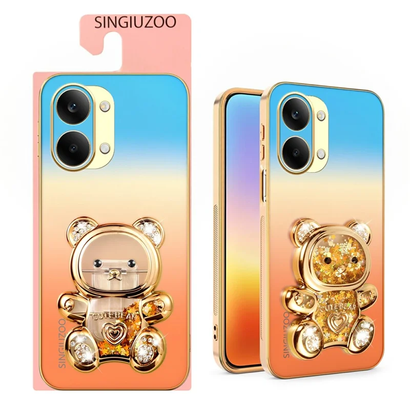 SINGIUZOO for Xiaomi Redmi Turbo 5 Max 5G Case Glitter Bear Kickstand Electroplated Gradient Color PC + TPU Phone Cover - Orange