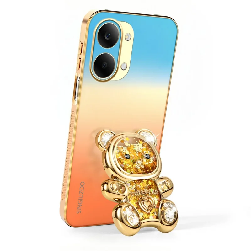 SINGIUZOO for Xiaomi Redmi Turbo 5 Max 5G Case Glitter Bear Kickstand Electroplated Gradient Color PC + TPU Phone Cover - Orange