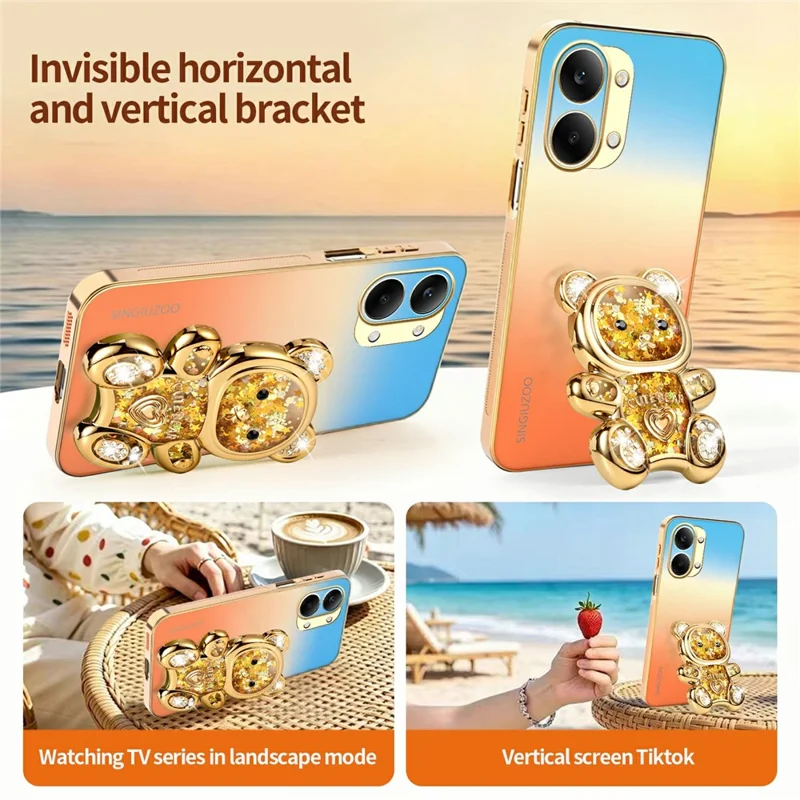 SINGIUZOO for Xiaomi Redmi Turbo 5 Max 5G Case Glitter Bear Kickstand Electroplated Gradient Color PC + TPU Phone Cover - Orange