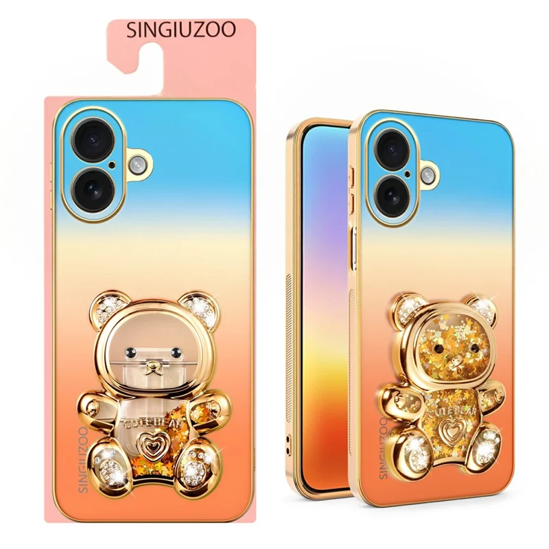 SINGIUZOO for iPhone 16 Case Glitter Bear Kickstand Electroplated Gradient Color PC + TPU Phone Cover - Orange
