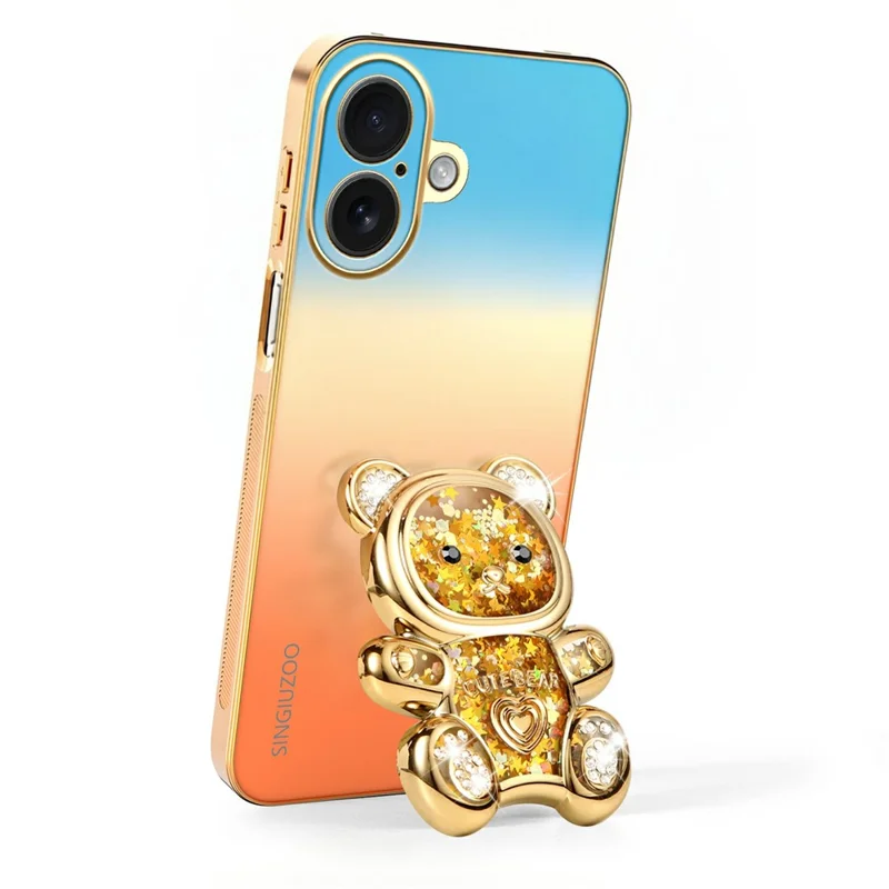 SINGIUZOO for iPhone 16 Case Glitter Bear Kickstand Electroplated Gradient Color PC + TPU Phone Cover - Orange