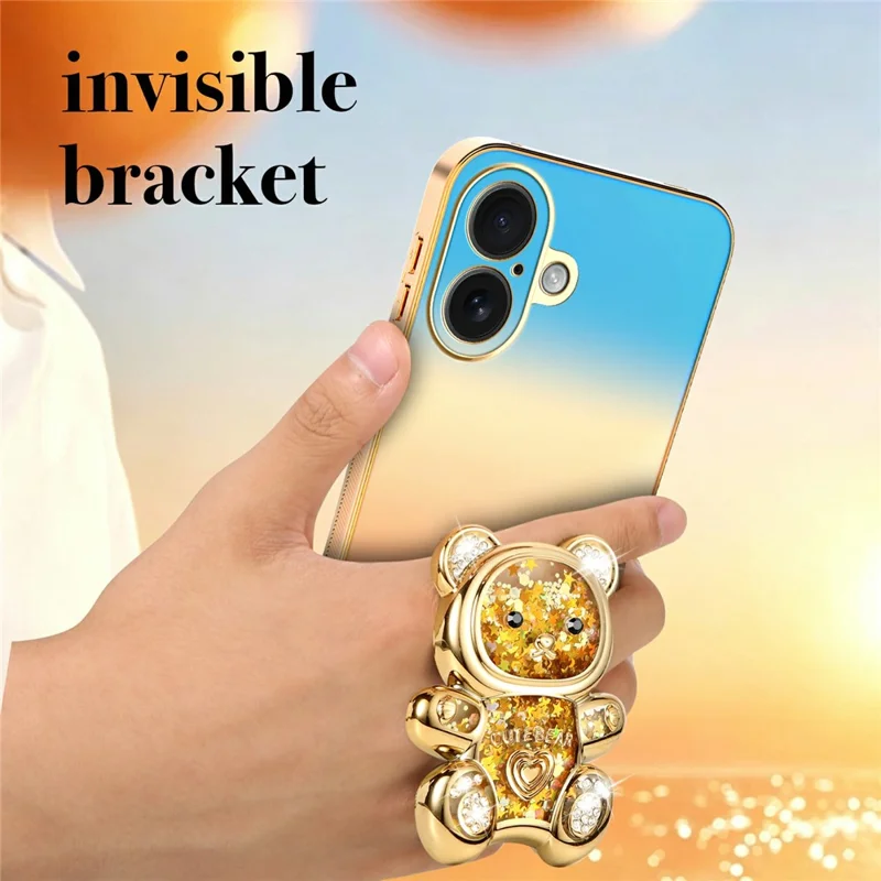 SINGIUZOO for iPhone 16 Case Glitter Bear Kickstand Electroplated Gradient Color PC + TPU Phone Cover - Orange