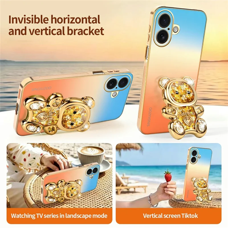 SINGIUZOO for iPhone 16 Case Glitter Bear Kickstand Electroplated Gradient Color PC + TPU Phone Cover - Orange