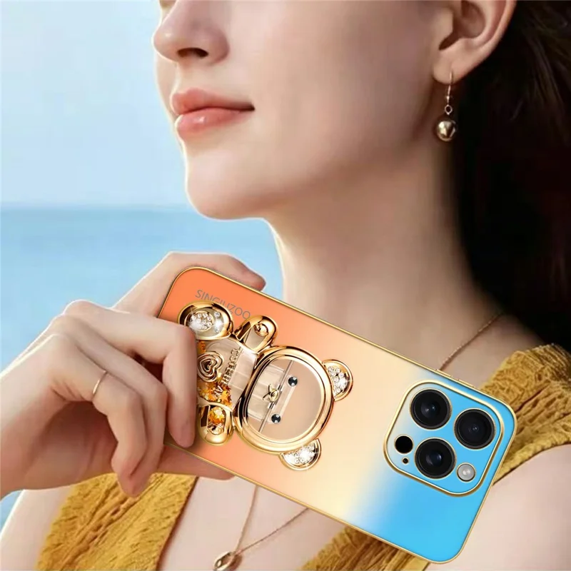SINGIUZOO for iPhone 16 Pro Case Glitter Bear Kickstand Electroplated Gradient Color PC + TPU Phone Cover - Orange