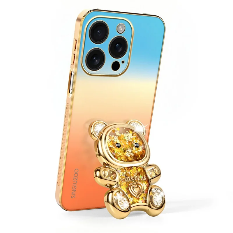 SINGIUZOO for iPhone 16 Pro Case Glitter Bear Kickstand Electroplated Gradient Color PC + TPU Phone Cover - Orange