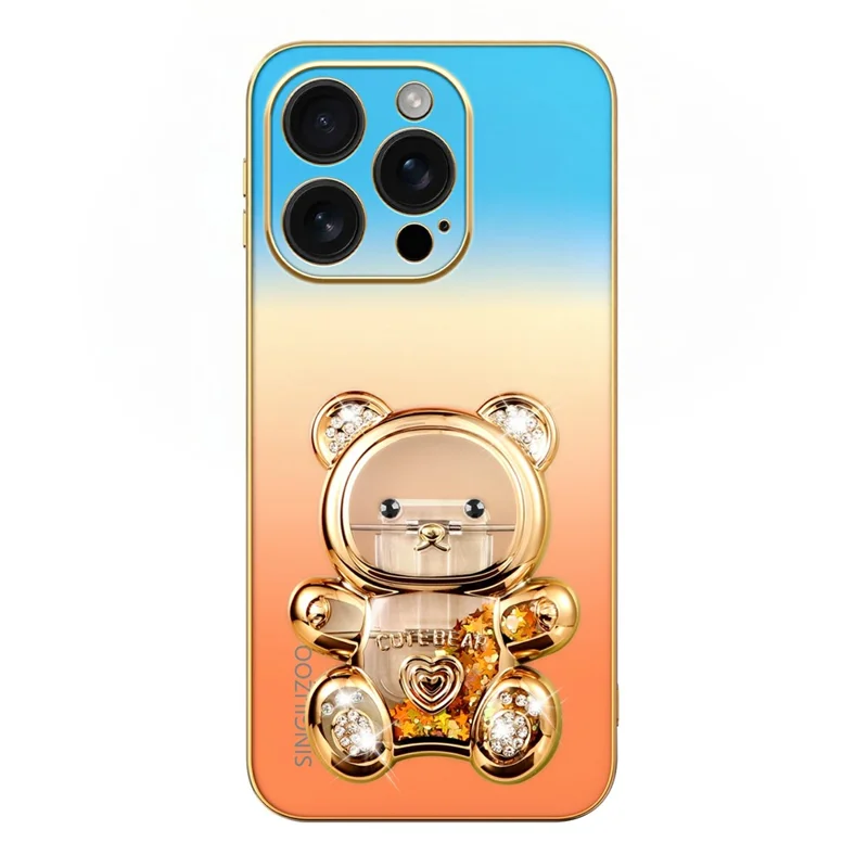 SINGIUZOO for iPhone 16 Pro Case Glitter Bear Kickstand Electroplated Gradient Color PC + TPU Phone Cover - Orange