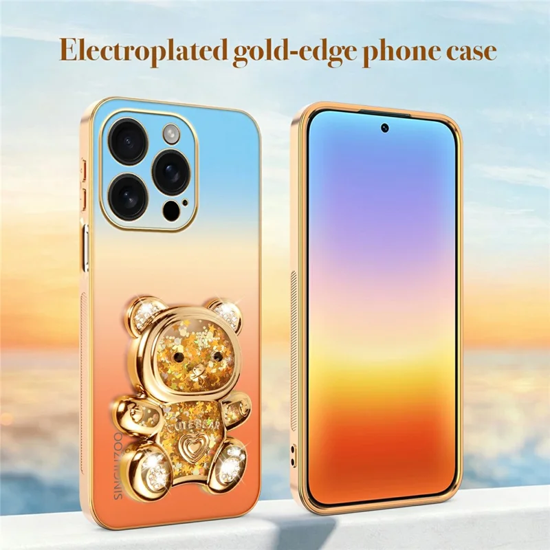 SINGIUZOO for iPhone 16 Pro Case Glitter Bear Kickstand Electroplated Gradient Color PC + TPU Phone Cover - Orange