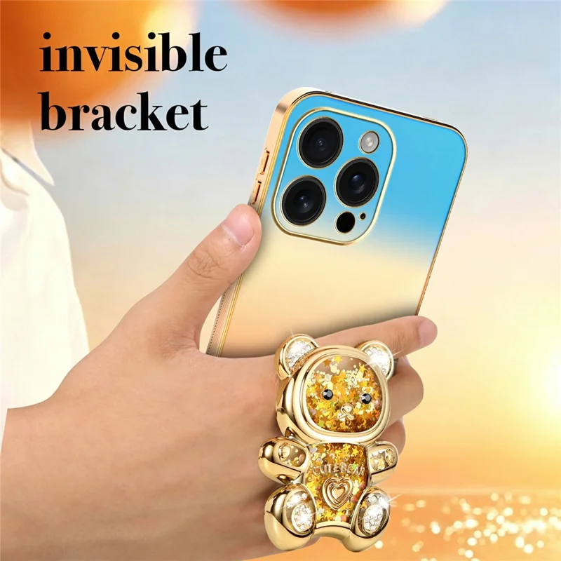 SINGIUZOO for iPhone 16 Pro Case Glitter Bear Kickstand Electroplated Gradient Color PC + TPU Phone Cover - Orange