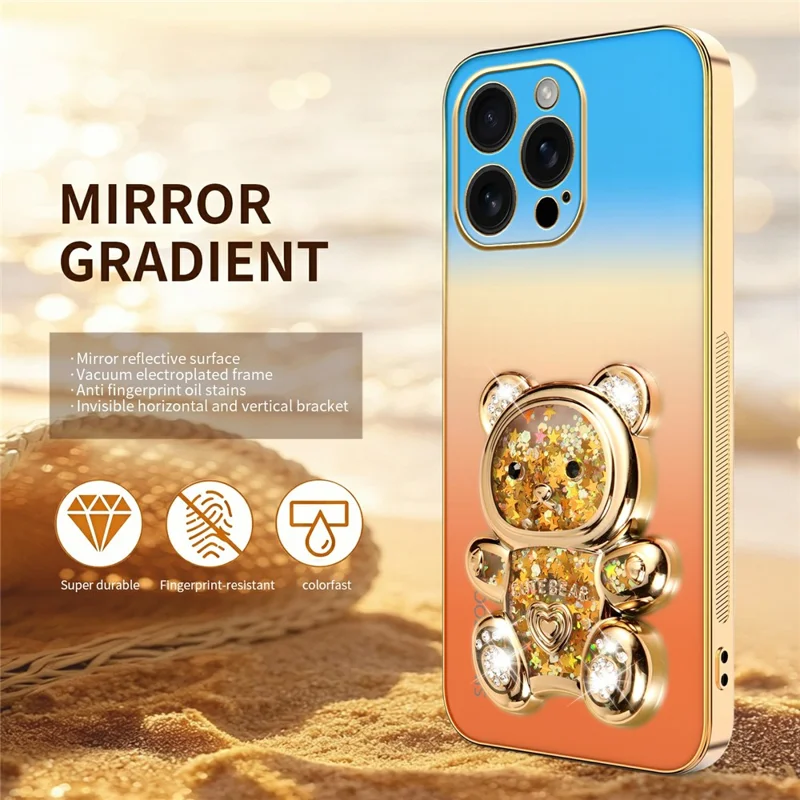 SINGIUZOO for iPhone 16 Pro Max Case Glitter Bear Kickstand Electroplated Gradient Color PC + TPU Phone Cover - Orange