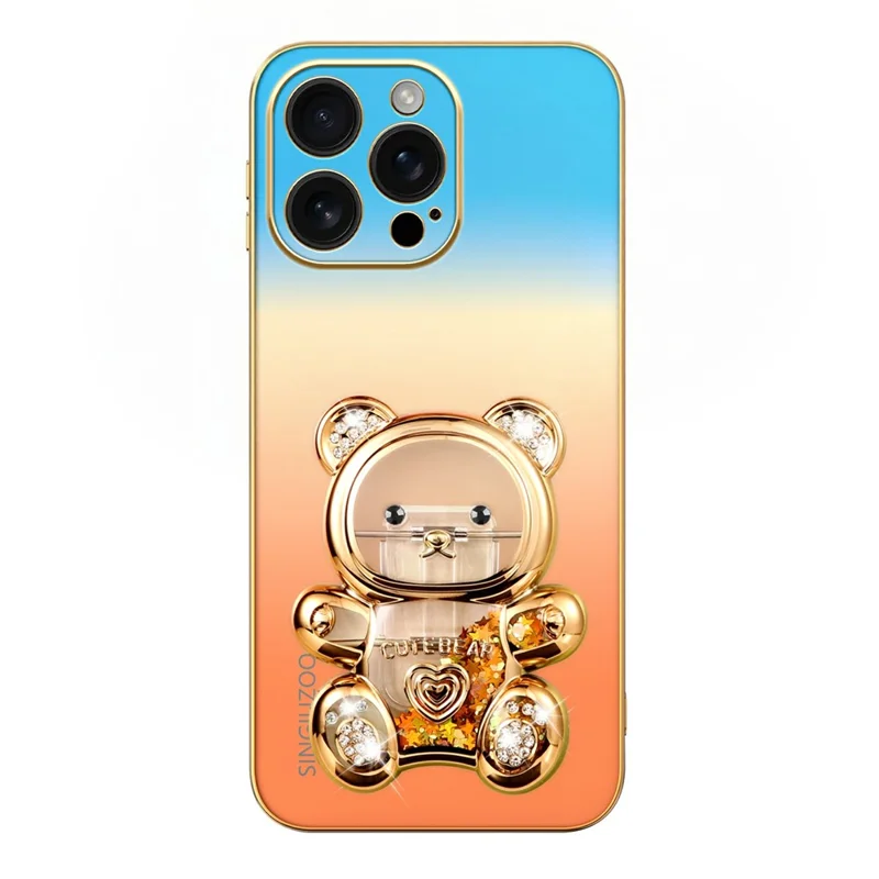 SINGIUZOO for iPhone 16 Pro Max Case Glitter Bear Kickstand Electroplated Gradient Color PC + TPU Phone Cover - Orange