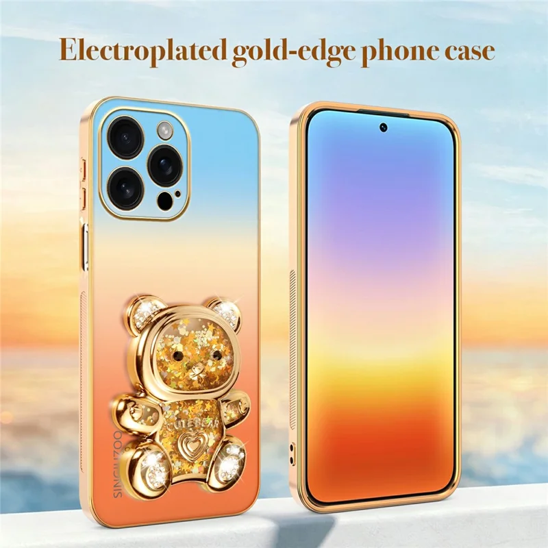 SINGIUZOO for iPhone 16 Pro Max Case Glitter Bear Kickstand Electroplated Gradient Color PC + TPU Phone Cover - Orange
