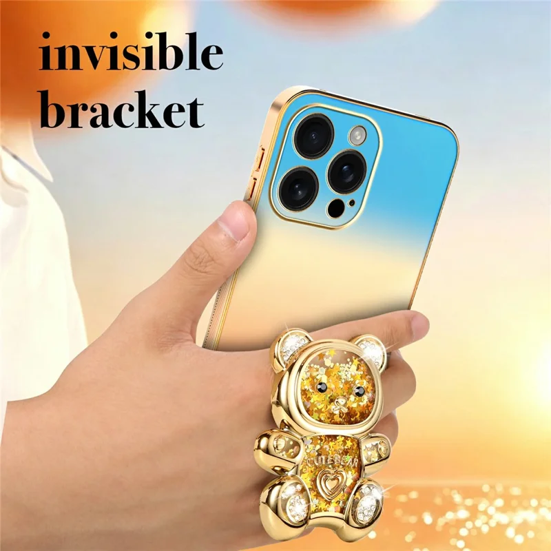 SINGIUZOO for iPhone 16 Pro Max Case Glitter Bear Kickstand Electroplated Gradient Color PC + TPU Phone Cover - Orange