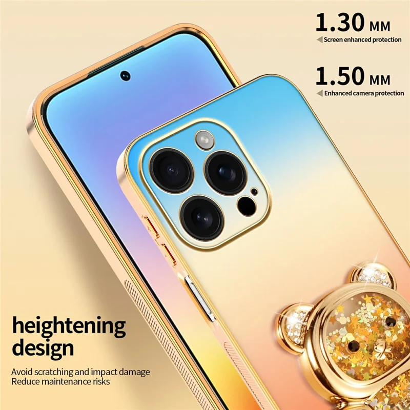 SINGIUZOO for iPhone 16 Pro Max Case Glitter Bear Kickstand Electroplated Gradient Color PC + TPU Phone Cover - Orange