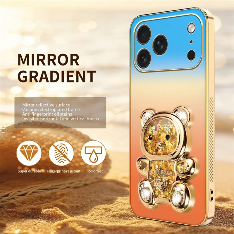 SINGIUZOO for iPhone 18 Pro Max / 17 Pro Max Case Glitter Bear Kickstand Electroplated Gradient Color PC + TPU Phone Cover - Orange