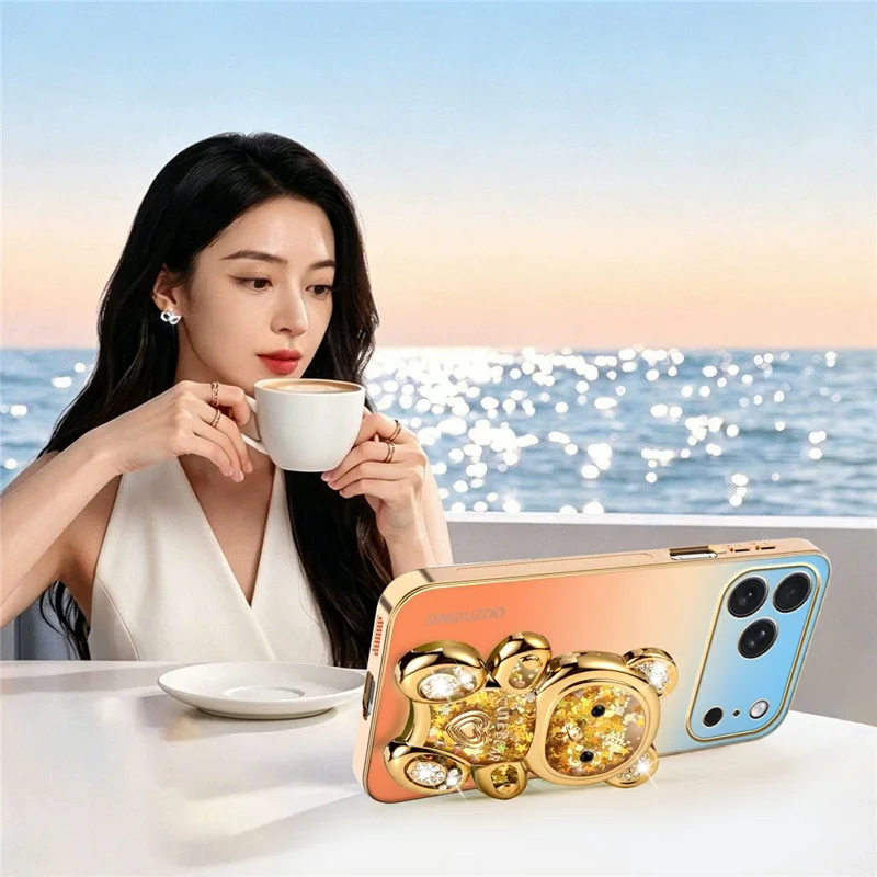 SINGIUZOO for iPhone 18 Pro Max / 17 Pro Max Case Glitter Bear Kickstand Electroplated Gradient Color PC + TPU Phone Cover - Orange