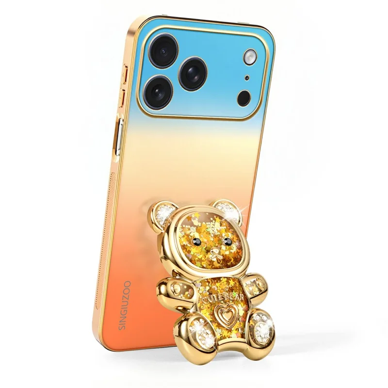 SINGIUZOO for iPhone 18 Pro Max / 17 Pro Max Case Glitter Bear Kickstand Electroplated Gradient Color PC + TPU Phone Cover - Orange