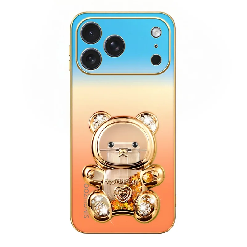 SINGIUZOO for iPhone 18 Pro Max / 17 Pro Max Case Glitter Bear Kickstand Electroplated Gradient Color PC + TPU Phone Cover - Orange