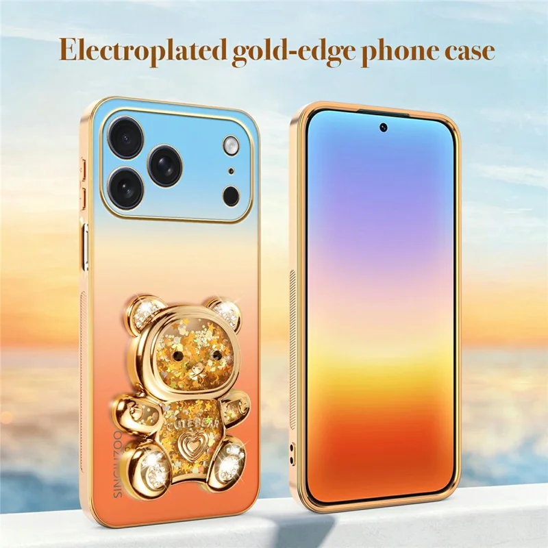 SINGIUZOO for iPhone 18 Pro Max / 17 Pro Max Case Glitter Bear Kickstand Electroplated Gradient Color PC + TPU Phone Cover - Orange