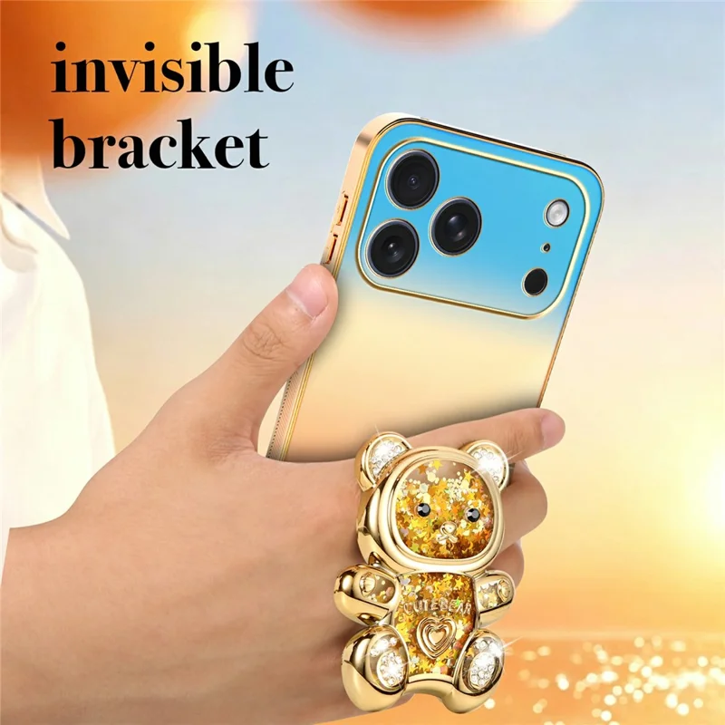 SINGIUZOO for iPhone 18 Pro Max / 17 Pro Max Case Glitter Bear Kickstand Electroplated Gradient Color PC + TPU Phone Cover - Orange