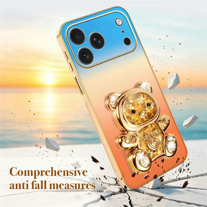 SINGIUZOO for iPhone 18 Pro Max / 17 Pro Max Case Glitter Bear Kickstand Electroplated Gradient Color PC + TPU Phone Cover - Orange