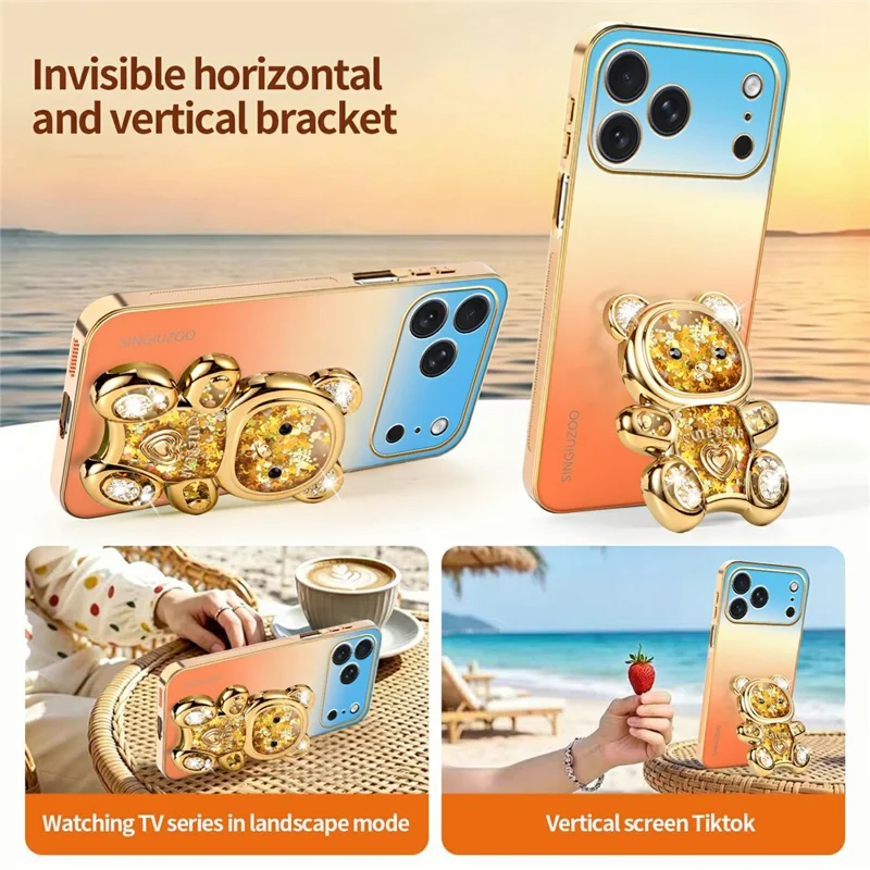 SINGIUZOO for iPhone 18 Pro Max / 17 Pro Max Case Glitter Bear Kickstand Electroplated Gradient Color PC + TPU Phone Cover - Orange