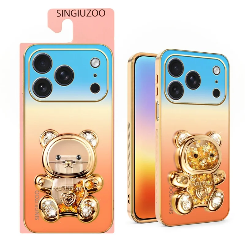 SINGIUZOO for iPhone 18 Pro / 17 Pro Case Glitter Bear Kickstand Electroplated Gradient Color PC + TPU Phone Cover - Orange
