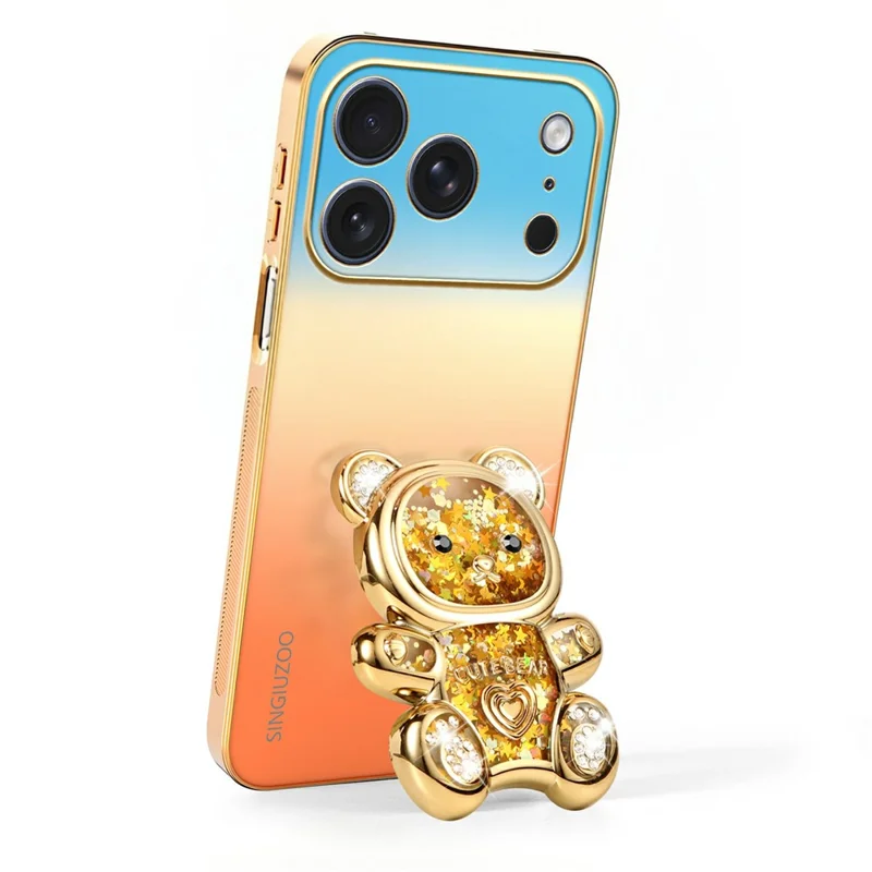 SINGIUZOO for iPhone 18 Pro / 17 Pro Case Glitter Bear Kickstand Electroplated Gradient Color PC + TPU Phone Cover - Orange