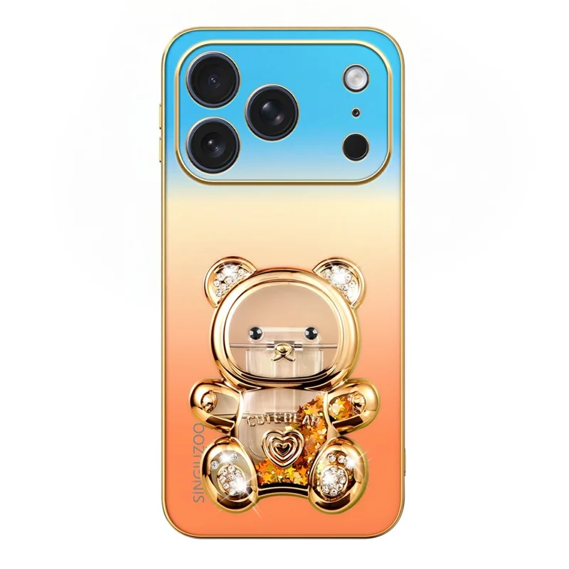 SINGIUZOO for iPhone 18 Pro / 17 Pro Case Glitter Bear Kickstand Electroplated Gradient Color PC + TPU Phone Cover - Orange